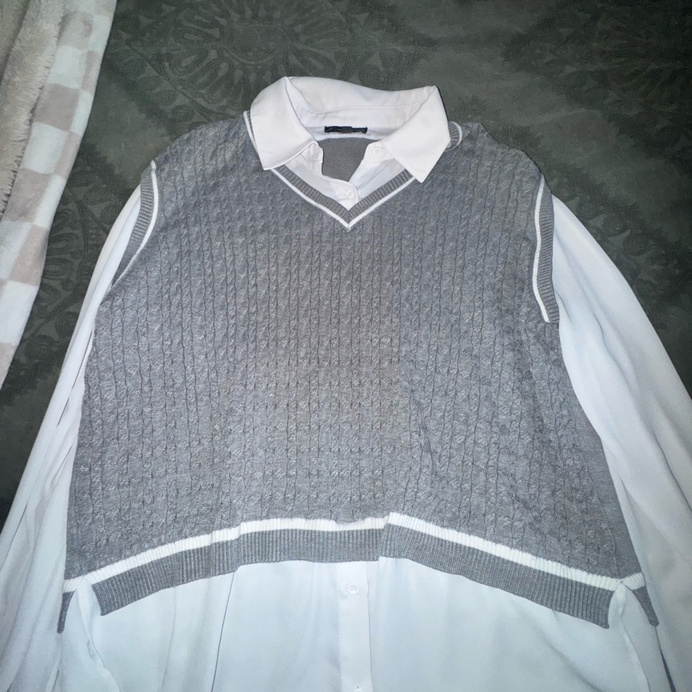 Gray Cable Knit Vest with White Shirt